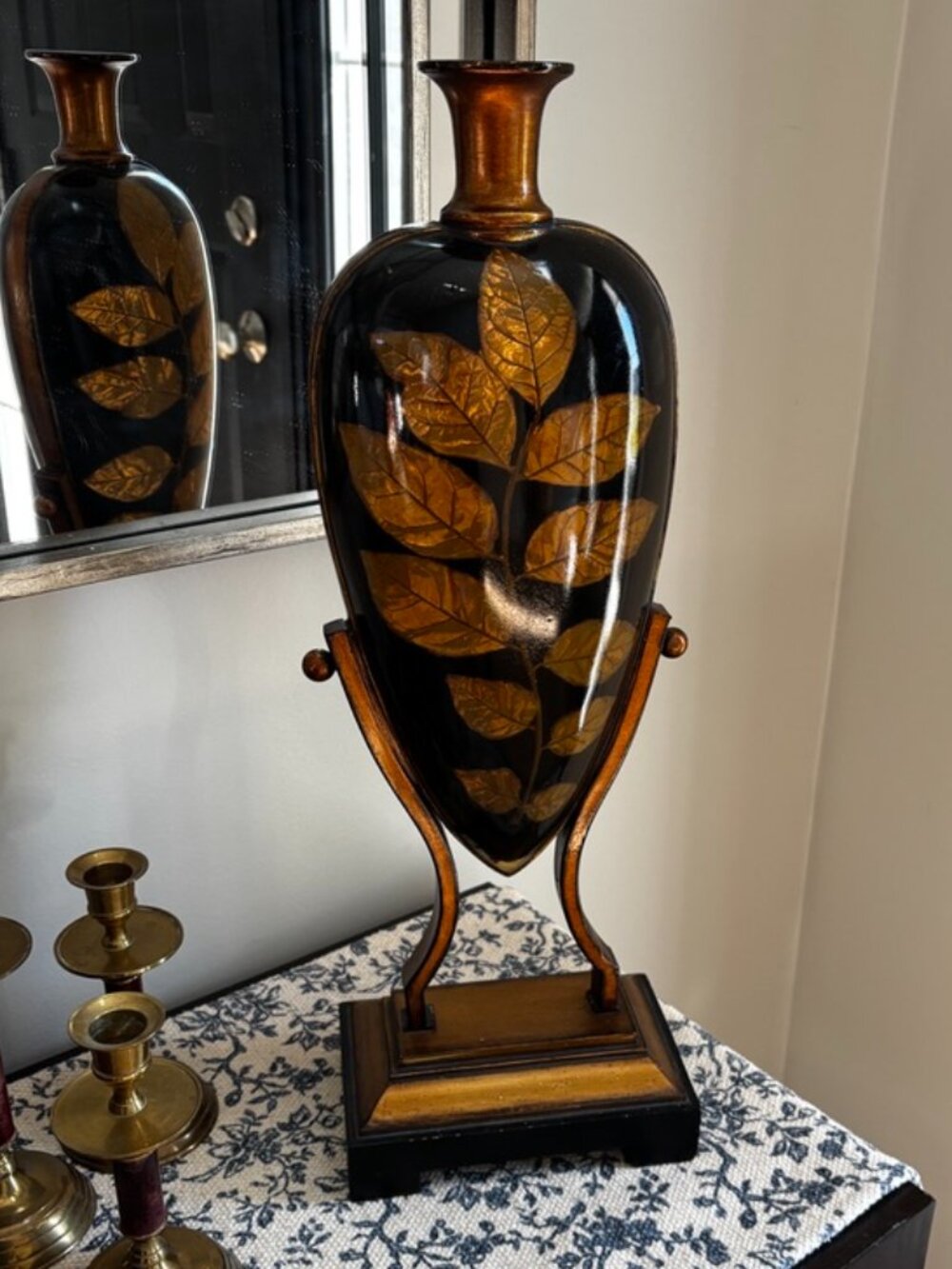 Lorelle Urn Black Gold Leaf Vase on Stand Traditional Botanical Decor 20591